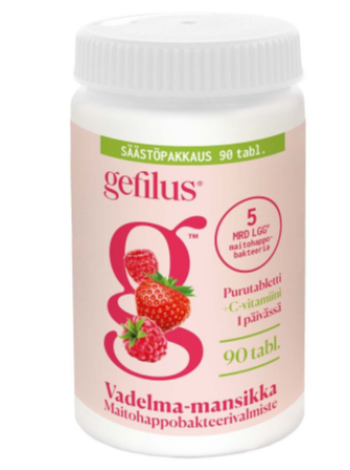 Жевательные таблетки с молочнокислыми бактериями и витамином С Gefilus vadelma 90 шт со вкусом малины и клубники