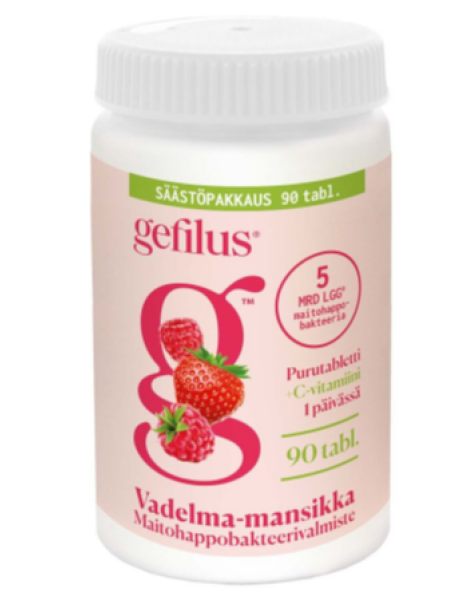Жевательные таблетки с молочнокислыми бактериями и витамином С Gefilus vadelma 90 шт со вкусом малины и клубники