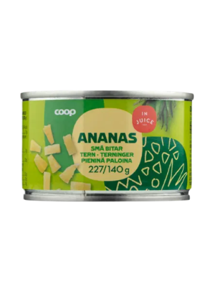 Резанные мелкими кусочками ананасы в собственном соку Coop ananas pieninä paloina täysmehussa 227/140 г