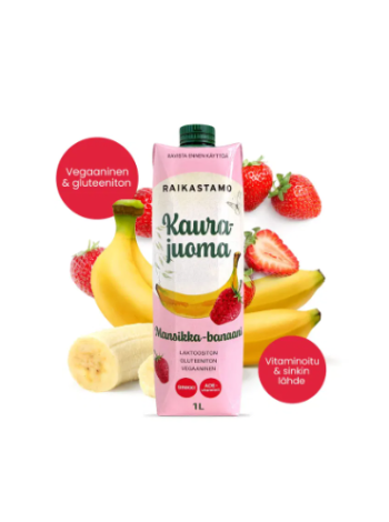 Овсяный напиток Raikastamo Kaurajuoma Mansikka-banaani 1л клубника банан