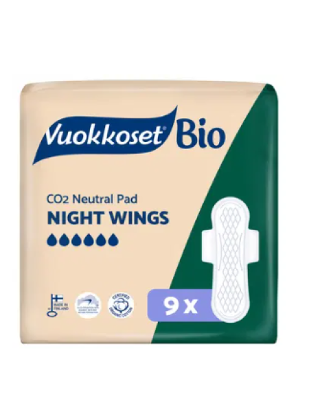 Ночные гигиенический прокладки Vuokkoset Bio Night Wings 9 шт