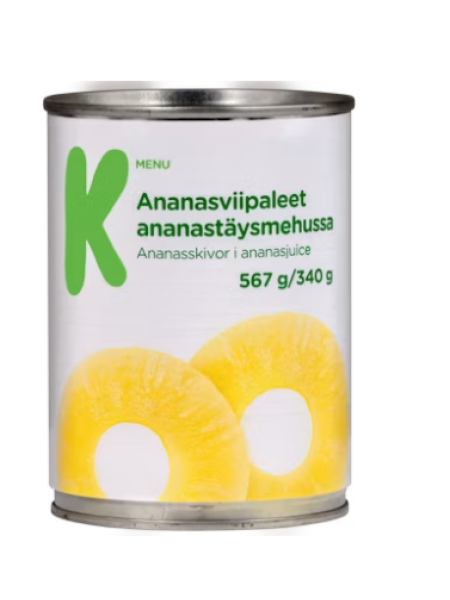 Нарезанный ананас в ананасовом соке K-Menu ananasviipaleet ananastäysmehussa 567г/340г