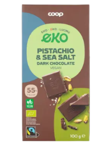 Темный органический шоколад со вкусом фисташек и морской соли Coop Eko 55% 100 г