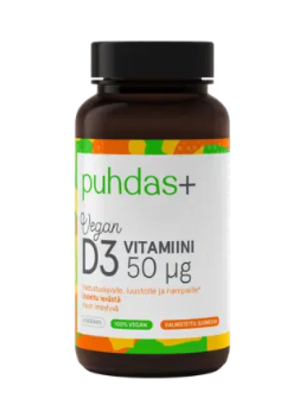 Капсулы для поддержания здоровья костной ткани и зубов PUHDAS+ KASVIPERAINEN D3-VITAMIINI 50 MKG, 60 кап