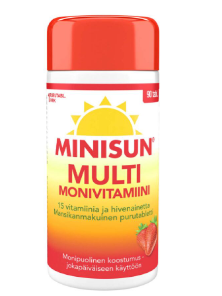 Поливитамины MINISUN MONIVITAMIINI MULTI MANSIKKA  90 шт  со вкусом клубники