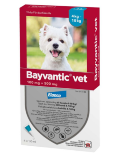 Капли от блох и клещей для собак BAYVANTIC VET 4-10кг 100/500 мг 4x1,0 мл