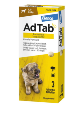 Жевательные таблетки для собак от блох и клещей ADTAB 56 мг 1,3-2,5 кг, 3 таблетки