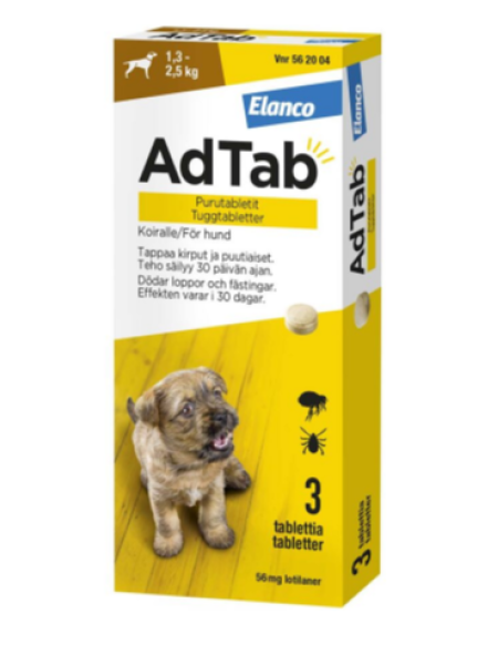 Жевательные таблетки для собак от блох и клещей ADTAB 56 мг 1,3-2,5 кг, 3 таблетки