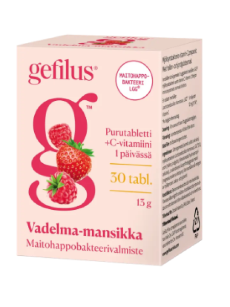 Таблетки жевательные с молочнокислыми бактериями со вкусом малины-клубники Gefilus Vadelma-Mansikka витамин C 30 таблеток 13г  