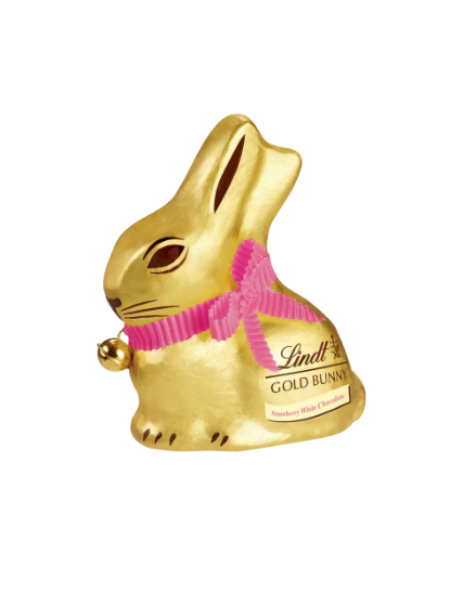 Шоколадный пасхальный кролик Lindt «Золотой кролик» из белого шоколада с кусочками сублимированной клубники 100 г 