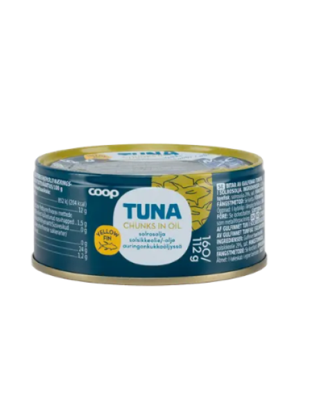 Кусочки желтоперого тунца в подсолнечном масле Coop keltaevätonnikala paloina auringonkukkaöljyssä 160/112 г