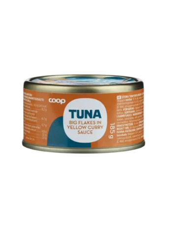 Крупные хлопья тунца в соусе карри Coop tonnikala hiutaleina currykastikkeessa MSC 185г