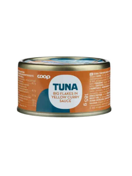 Крупные хлопья тунца в соусе карри Coop tonnikala hiutaleina currykastikkeessa MSC 185г