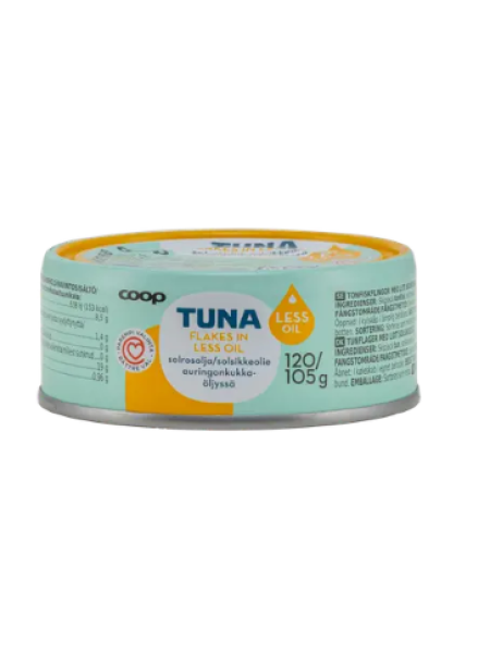 Хлопья тунца в небольшом количестве подсолнечного масла Coop tonnikala hiutaleina vähennetyssä öljyssä MSC 120/105 г
