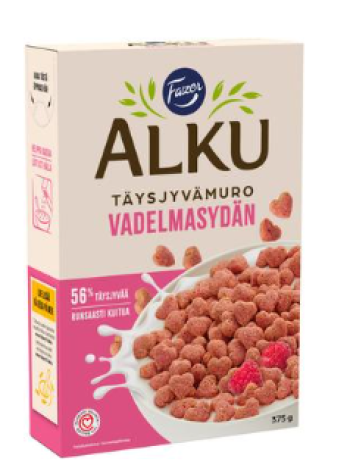 Хлопья цельнозерновые Fazer Alku Vadelmasydän täysjyvämuro 375г