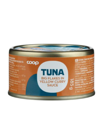 Крупные хлопья тунца в соусе карри Coop tonnikala hiutaleina currykastikkeessa MSC 185г