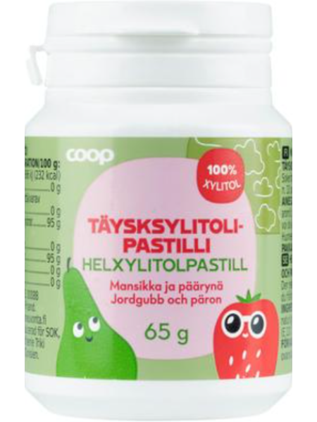 Пастилки с ксилитом Coop Täysksylitolipastilli Mansikka-Päärynä 65г клубника-груша