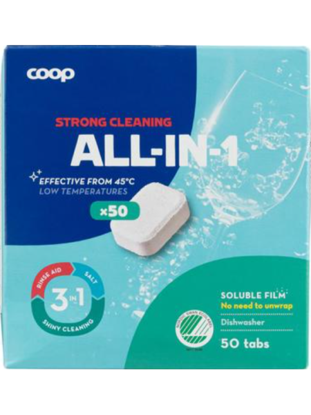 Таблетки для посудомоечной машины Coop All-in-1 konetiskitabletti 50шт