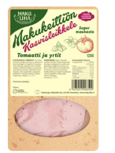 Колбаса для веганов Makuliha Makukeittiön Kasvisleikkele Tomaatti ja Yrtit 120г с помидорами и зеленью