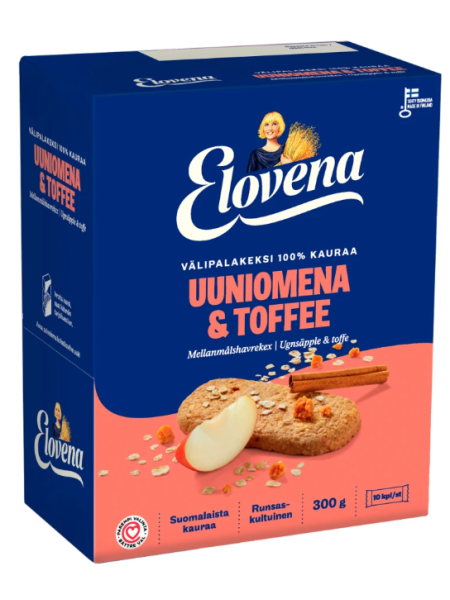 Печенье злаковое Elovena Välipalakeksi Uuniomena-Toffee 10х30г яблоко ириска