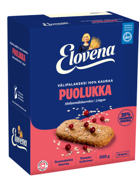 Овсяно-клюквенный цельнозерновой снек Elovena välipalakeksi 100% kauraa Puolukka 10х30г