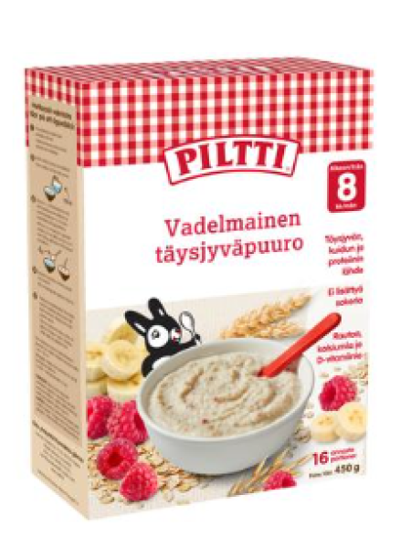 Детская каша цельнозерновая с малиной Piltti 450г с 8 месяцев