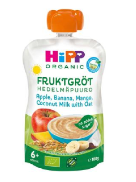 Органическая фруктовая каша HiPP Hedelmäpuuro Kookos, omena, banaani, mango 100г с 6 месяцев