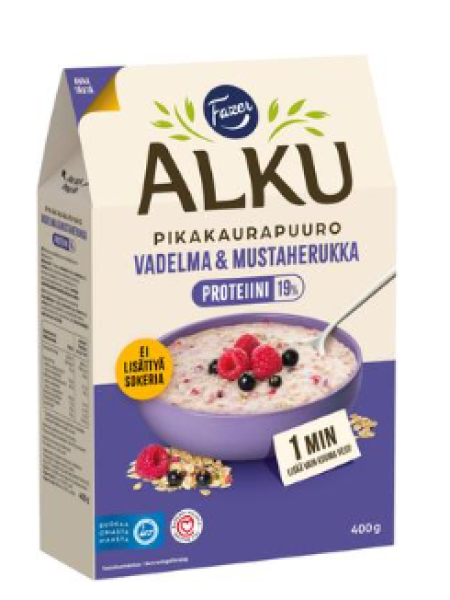 Каша Fazer Alku Proteiini Puuro Vadelma & Mustaherukka 400г малина и черная смородина 