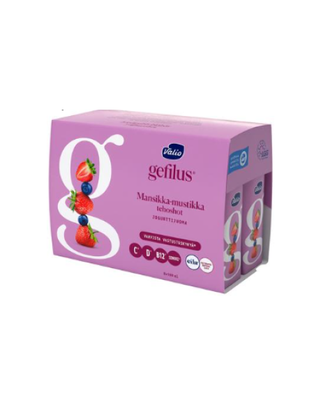 Йогурт без лактозы Valio Gefilus Tehoshot Mansikka-Mustikka 8X100мл клубника черника