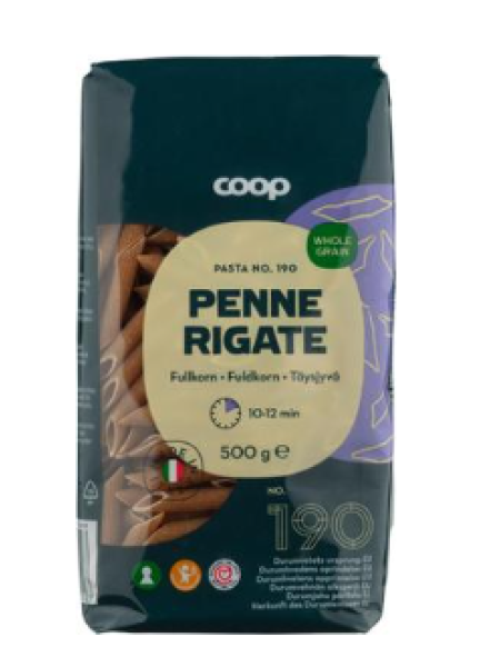 Паста цельнозерновая Coop Penne Rigate 500г Пенне Ригате 
