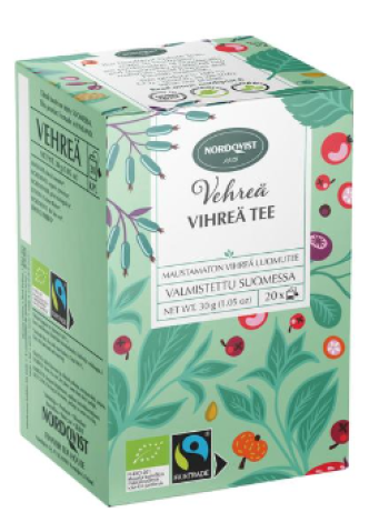 Органический зеленый чай без ароматизаторов Nordqvist Vehreä vihreä tee 20x1,5г в пакетиках