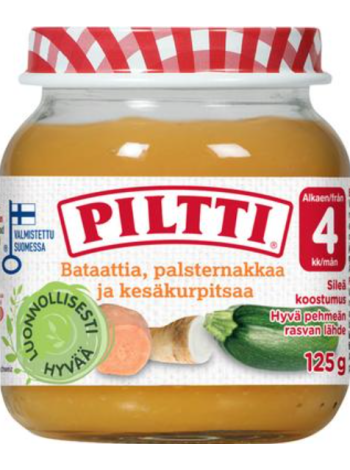 Детское питание Piltti Bataattia, palsternakkaa ja kesäkurpitsaa 4 месяца 125 г батата, пастернак и цуккини