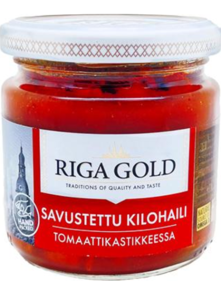 Копченые шпроты в томатном соусе Riga Gold 185г