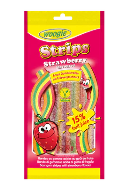 Фруктовые жевательные полоски со вкусом клубники в сахаре Woogie Strawberry 80г