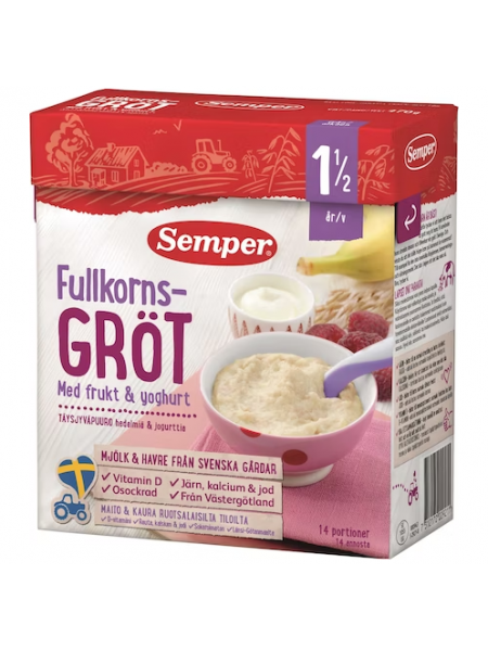 Сухая каша цельнозерновая Semper 470г с фруктами и йогуртом с 18 месяцев 
