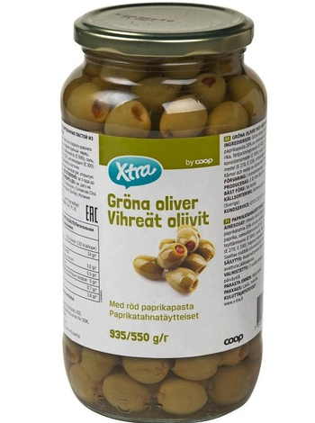 Зеленые оливки фаршированные пастой из паприки X-tra Paprikatahnatäytteiset Vihreät Oliivit 935/550г