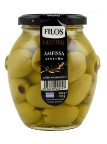 Зеленая олива Filos Deluxe 400/190г без косточек